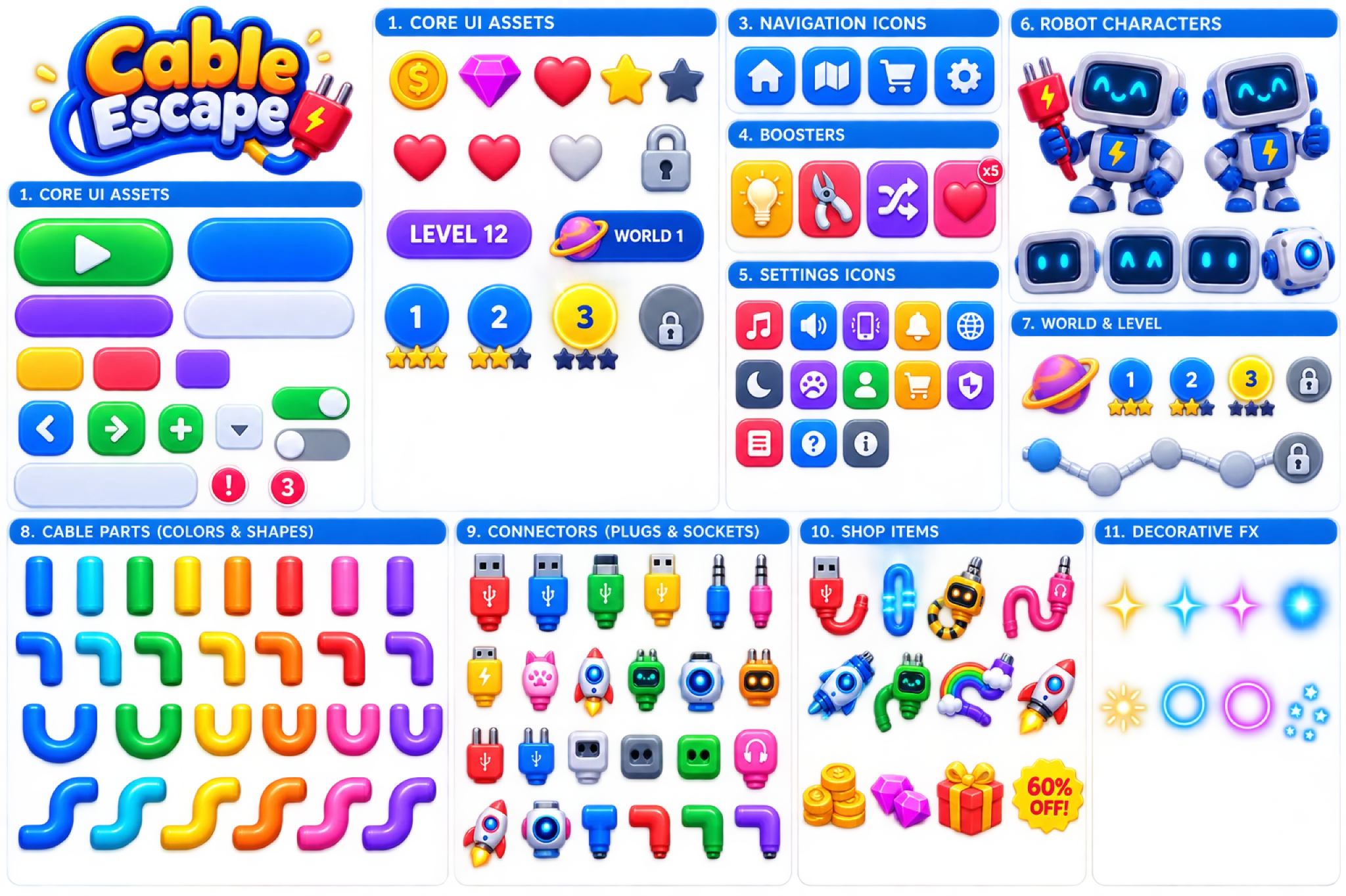Cable Escape visual asset atlas with UI controls, robots, cable pieces, connectors, shop items, and effects