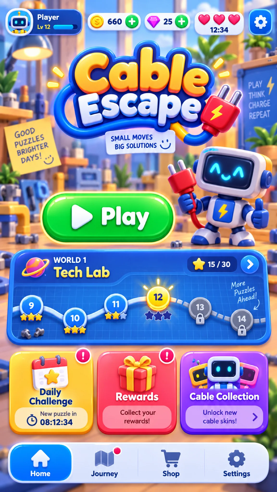 Cable Escape home screen showing Tech Lab progression