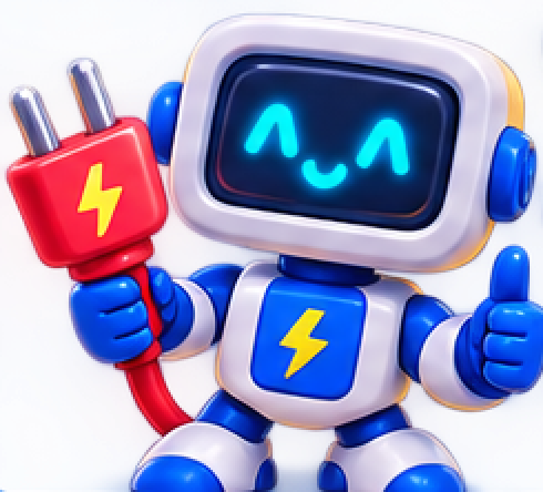 Cable Escape robot mascot holding a red power plug