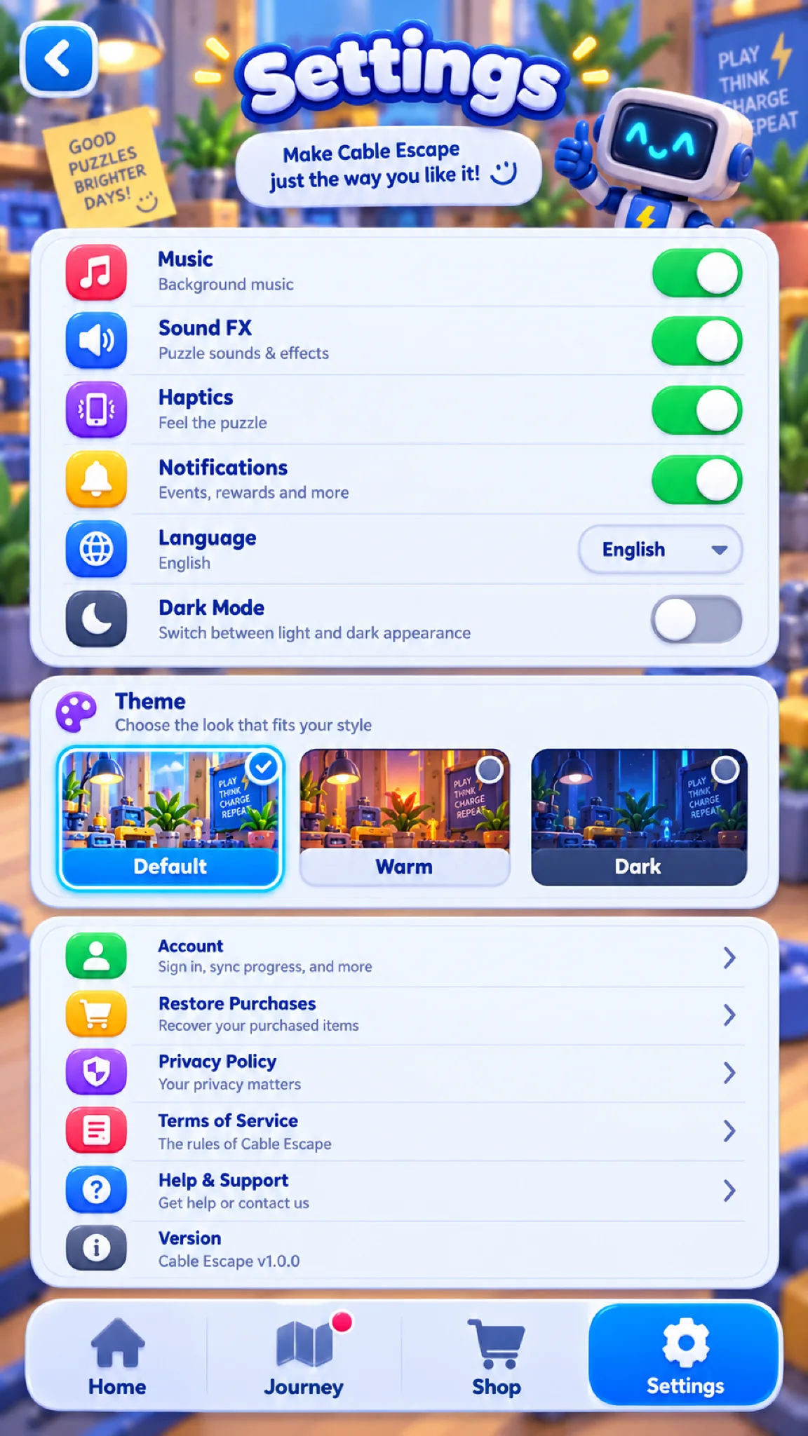 Cable Escape settings screen with audio, haptics, language, and themes